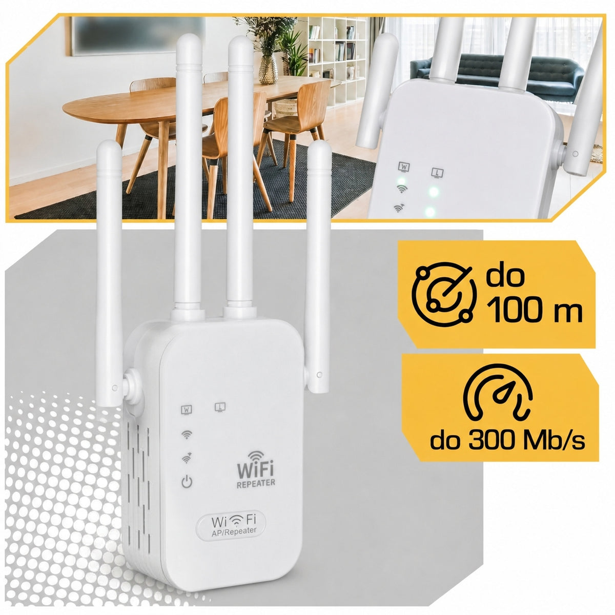 REPEATER SIGNAL AMPLIFIER WI-FI WAN LAN WPS 4 antennas 300Mb/s 100m 2.4GHz Packaging status original