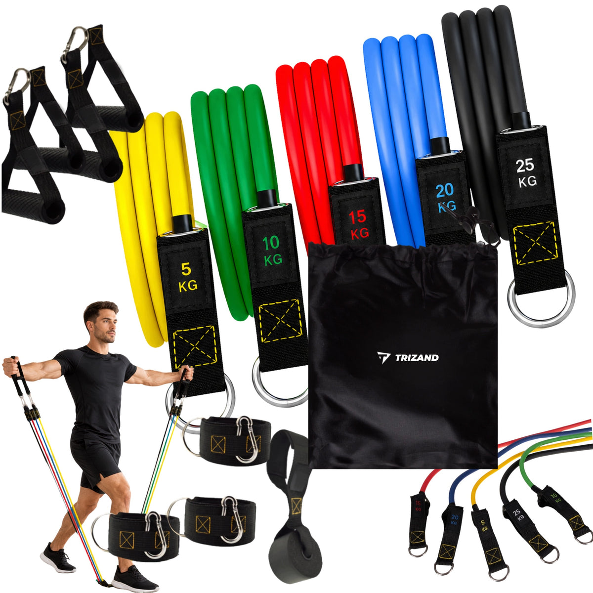 RESISTANCE EXERCISE RUBBER SET OF 5 FITNESS RUBBERS TRAINING HANDLES 11EL HOUSE STRENGTH