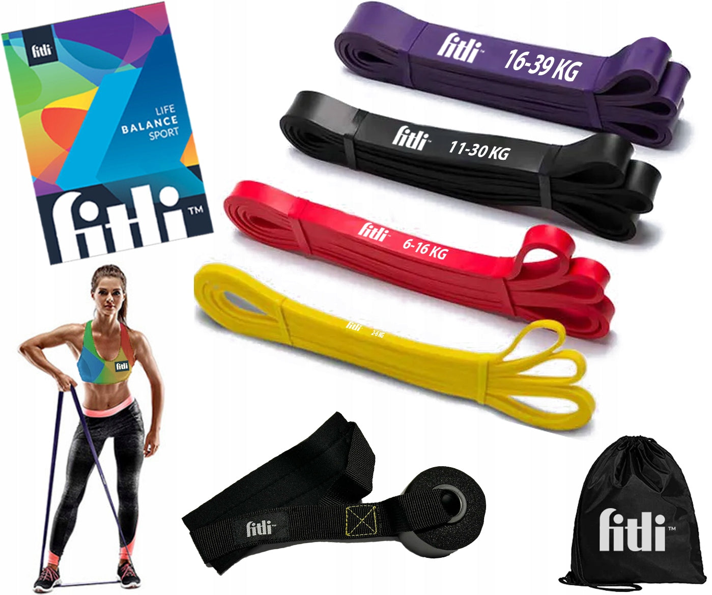 RESISTANCE RUBBER EXERCISE RUBBER POWER band SET OF 4 RUBBER 2-39KG + HANDLE