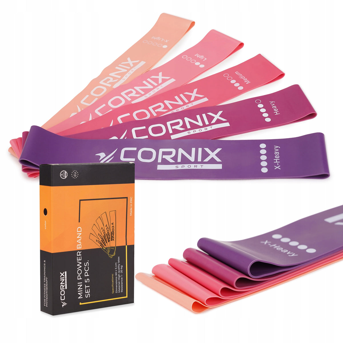 RESISTANCE RUBBER MINI BAND SET OF 5 PCS. 30 CM FOR FITNESS EXERCISES CORNIX Packaging status original