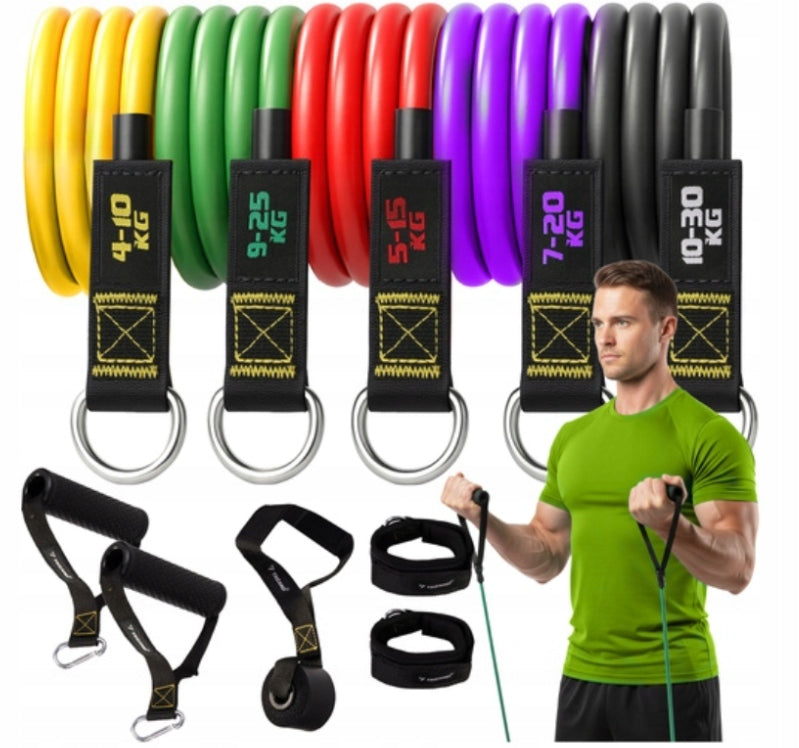 RESISTANCE RUBBERS FOR EXERCISE SET OF 5 RUBBERS WITH HANDLES OF THE HIGHEST QUALITY