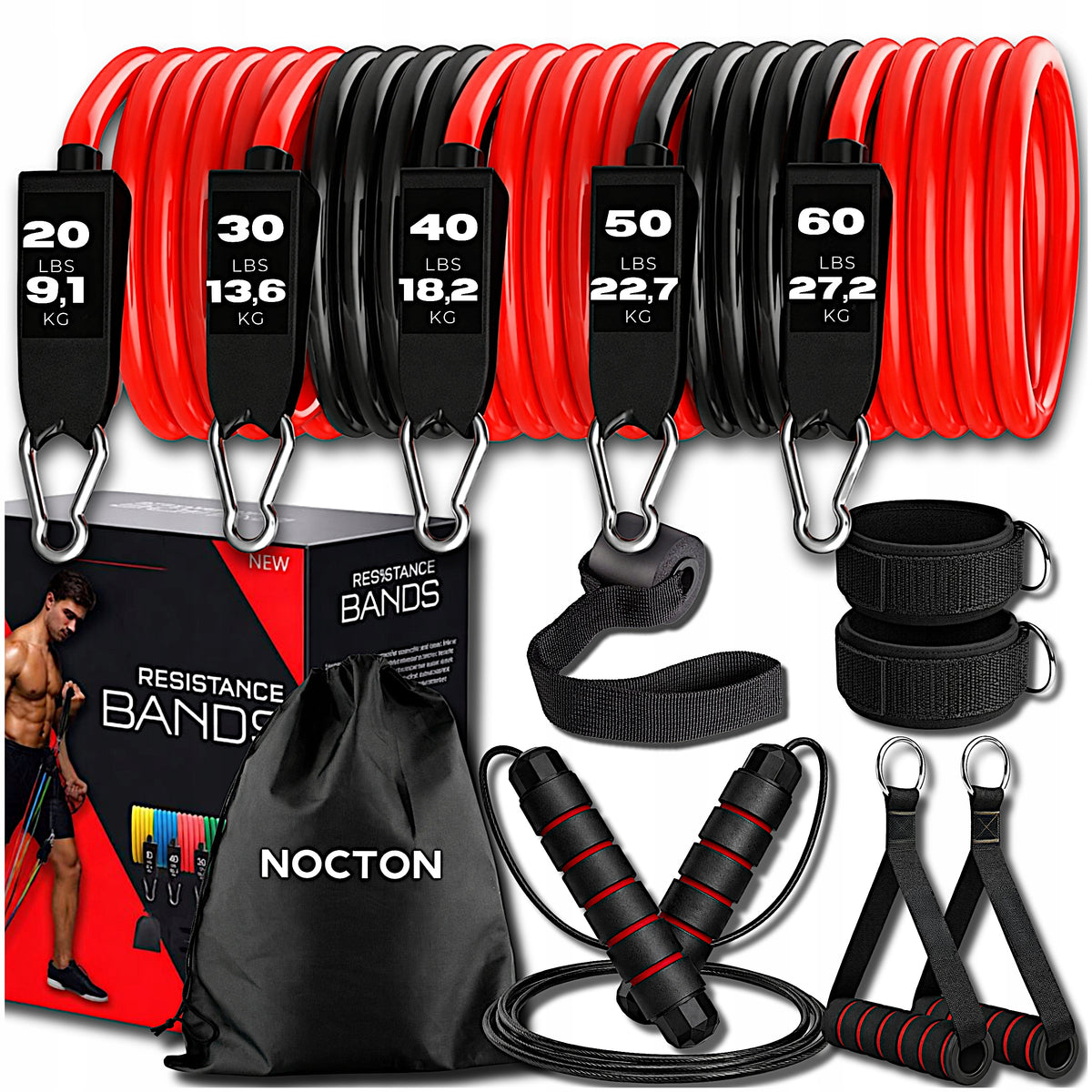 RESISTANCE RUBBERS SET OF 5 FOR EXERCISE + JUMP ROPE fitness rubber HIGH QUALITY