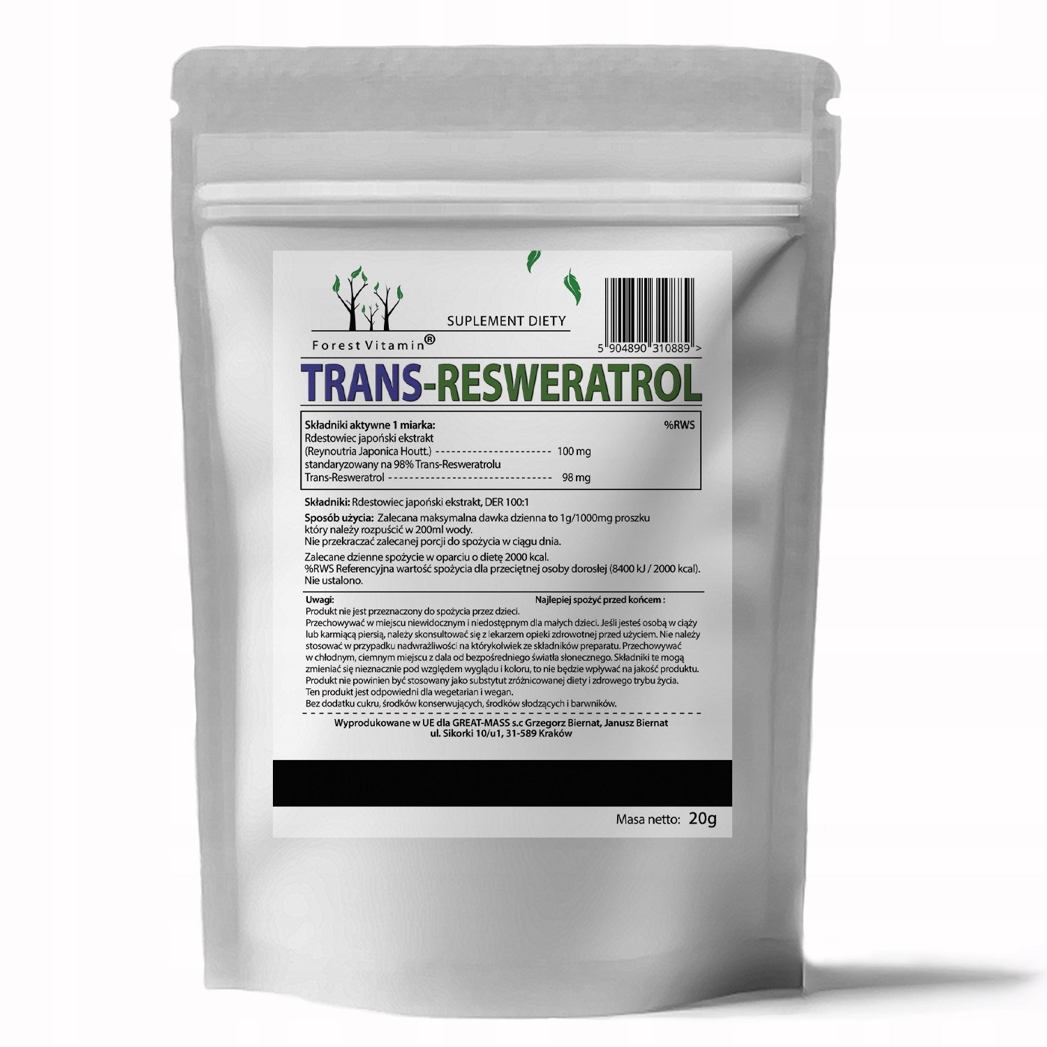 RESVERATROL NATURAL PURE TRANS RESVERATROL 20g KNOTWEED Brand Forest Vitamin