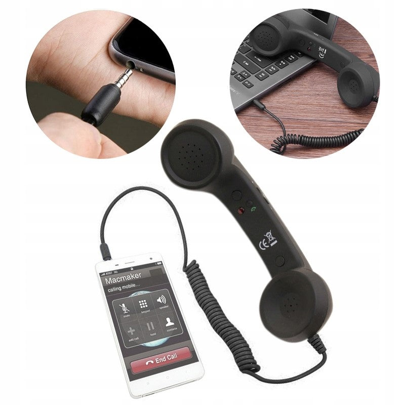RETRO EARPHONE FOR SMARTPHONE PHONE CALLS JACK AUX BLACK 3.5MM CABLE