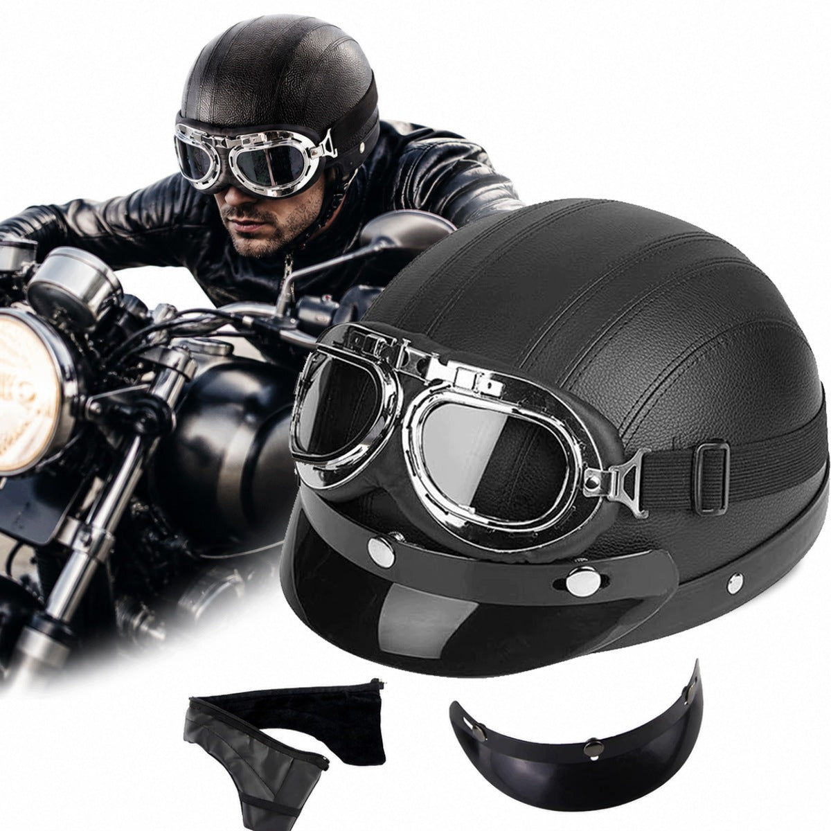 RETRO MOTORCYCLE HELMET + GOGGLES 52-62 CM