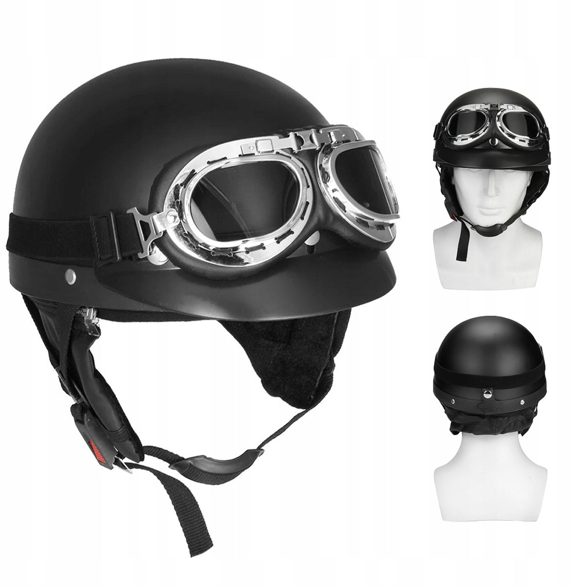 RETRO MOTORCYCLE HELMET PEANUT FOR SCOOTER BLACK + GOGGLES + SCARF