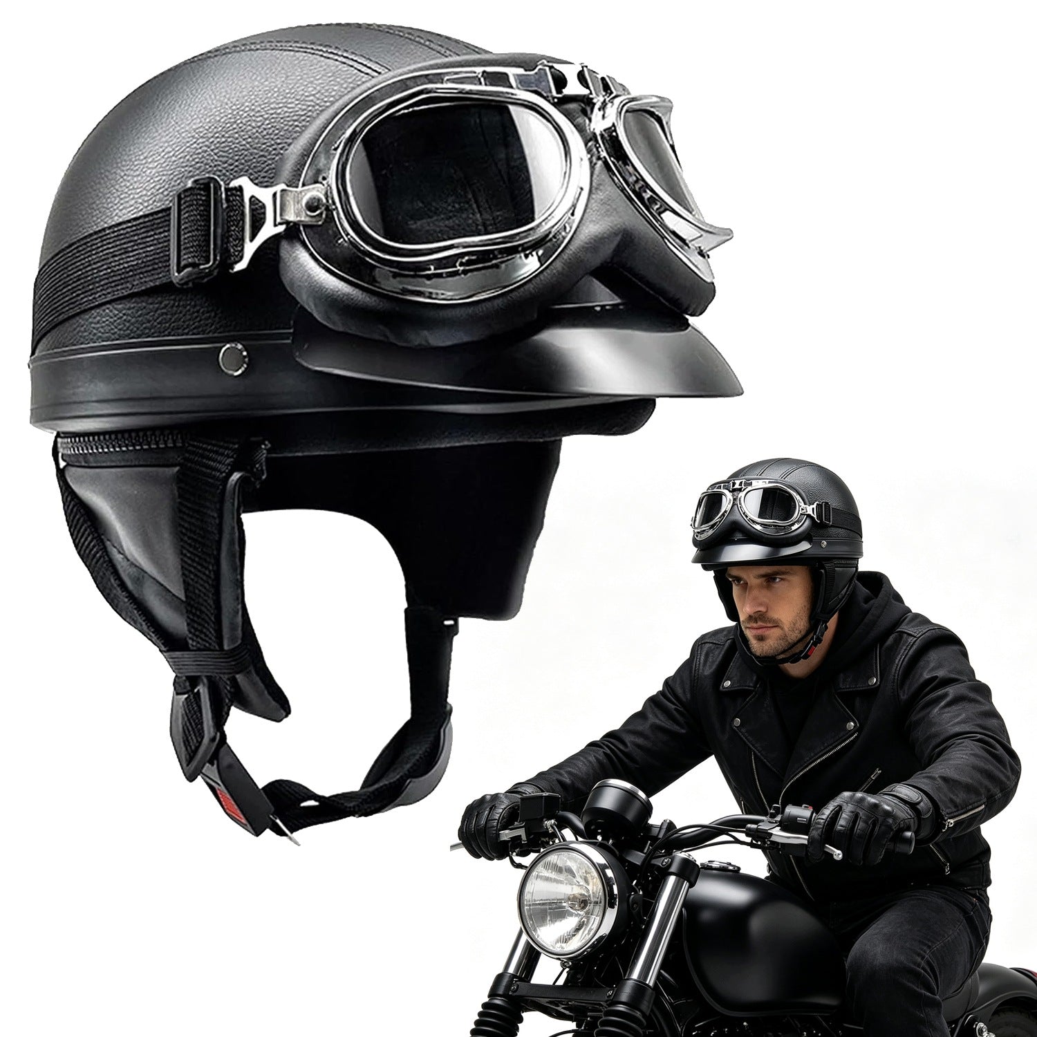 RETRO MOTORCYCLE HELMET WITH GOGGLES, SCOOTER HELMET, STYLISH, BLACK