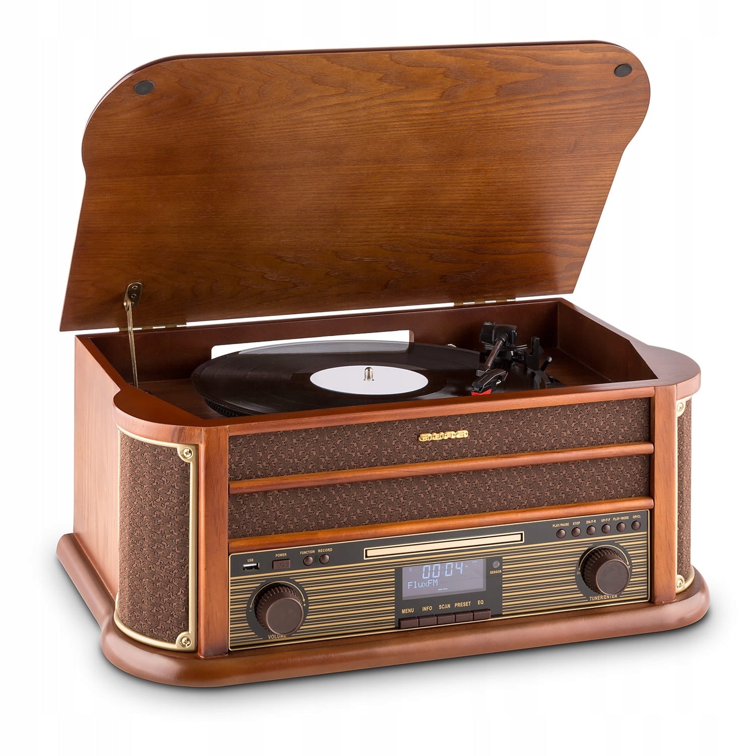 RETRO STEREO TOWER AUNA TURNTABLE PLAYER CD MP3 FM CASSETTE USB REMOTE CONTROL