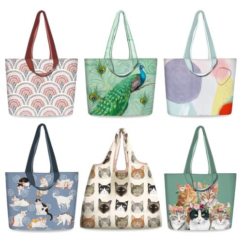 REUSABLE BAGS SET OF 6 CAT PEACOCK POLYESTER ECO-FRIENDLY Brand no brand