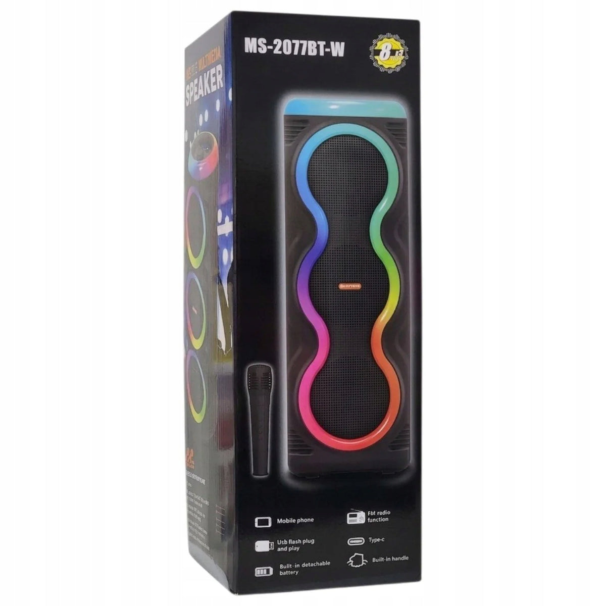 RGB Party Speaker with Wheels, Wireless Microphone, Bluetooth Packaging status original