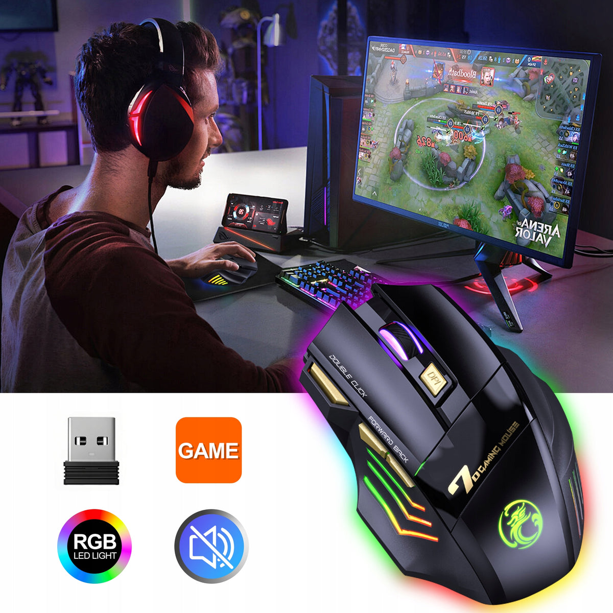 RGB Wireless Gaming Mouse - Bluetooth 5.1, 1600-5500 DPI, Ergonomic