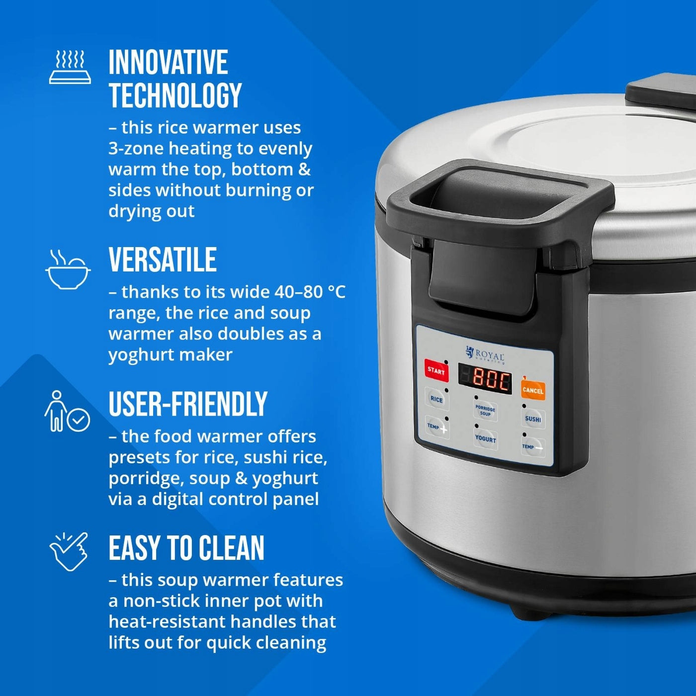 RICE HEATER - 26 L - DIGITAL TEMPERATURE SETTING: 40-80°C - Brand Royal Catering