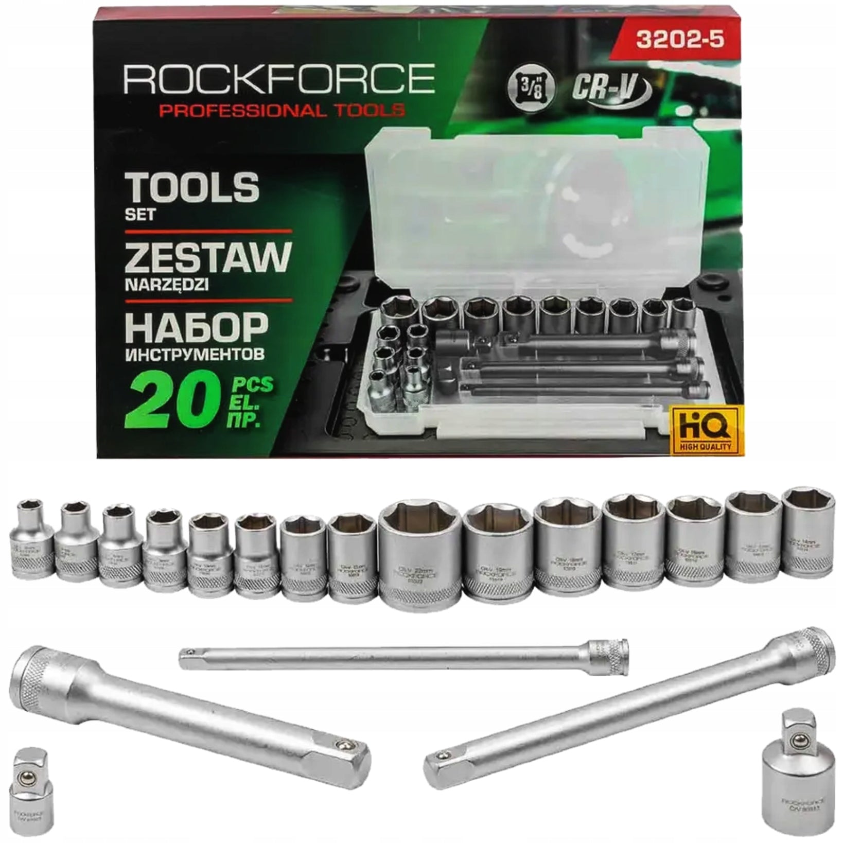 ROCKFORCE 3/8" 20 el Socket TOOL Set with Adapters and Extensions EAN (GTIN) 5906692107841