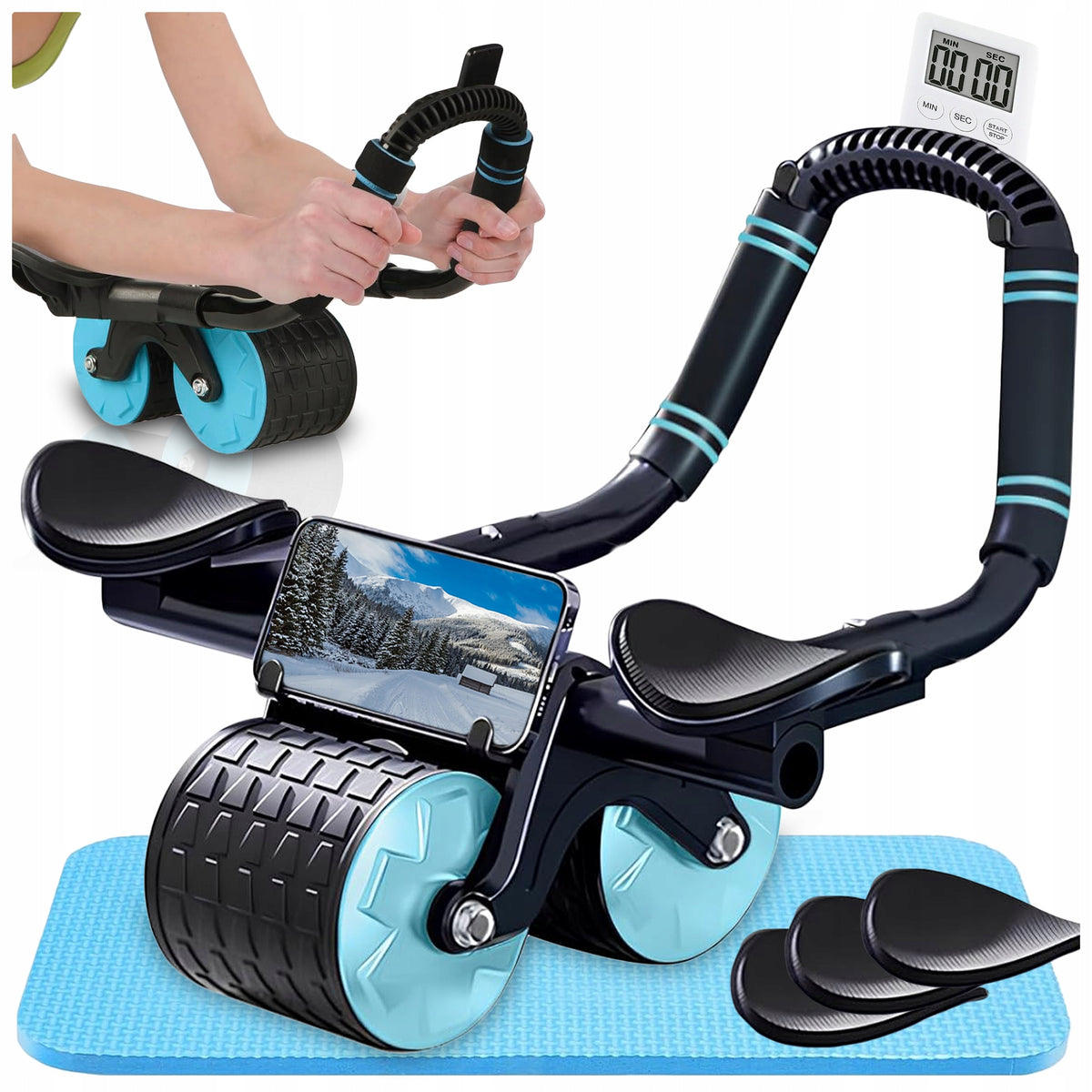 ROLLER ABDOMINAL MUSCLE TRAINER WITH KICKSTAND FITNESS WHEEL PILATES TIMER + MAT