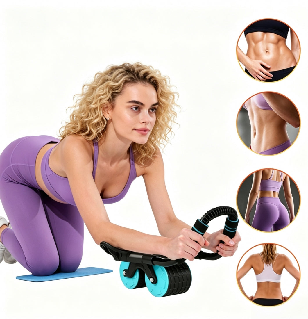 ROLLER ABDOMINAL MUSCLE TRAINER WITH KICKSTAND FITNESS WHEEL PILATES TIMER +MAT