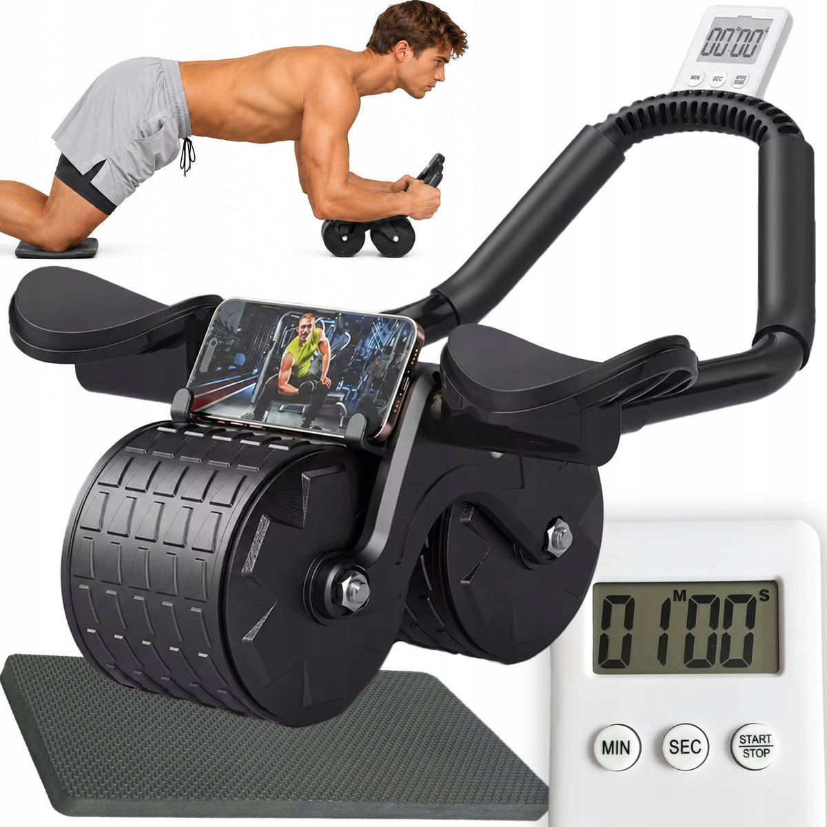 ROLLER FITNESS ABDOMINAL MUSCLE EXERCISE WHEEL WITH TIMER + MAT
