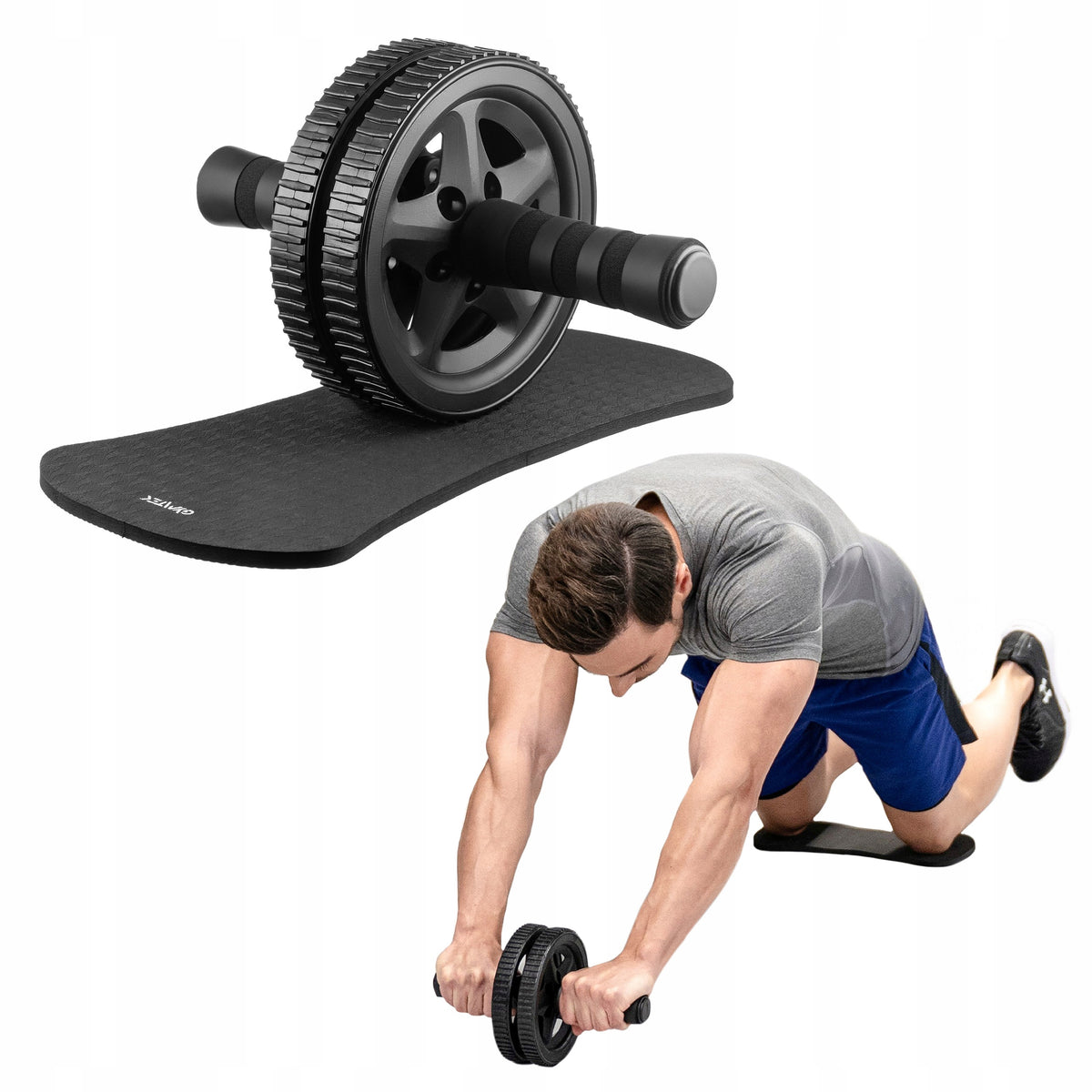 ROLLER WHEEL FOR ABDOMINAL MUSCLE EXERCISES + KNEE MAT GYMTEK