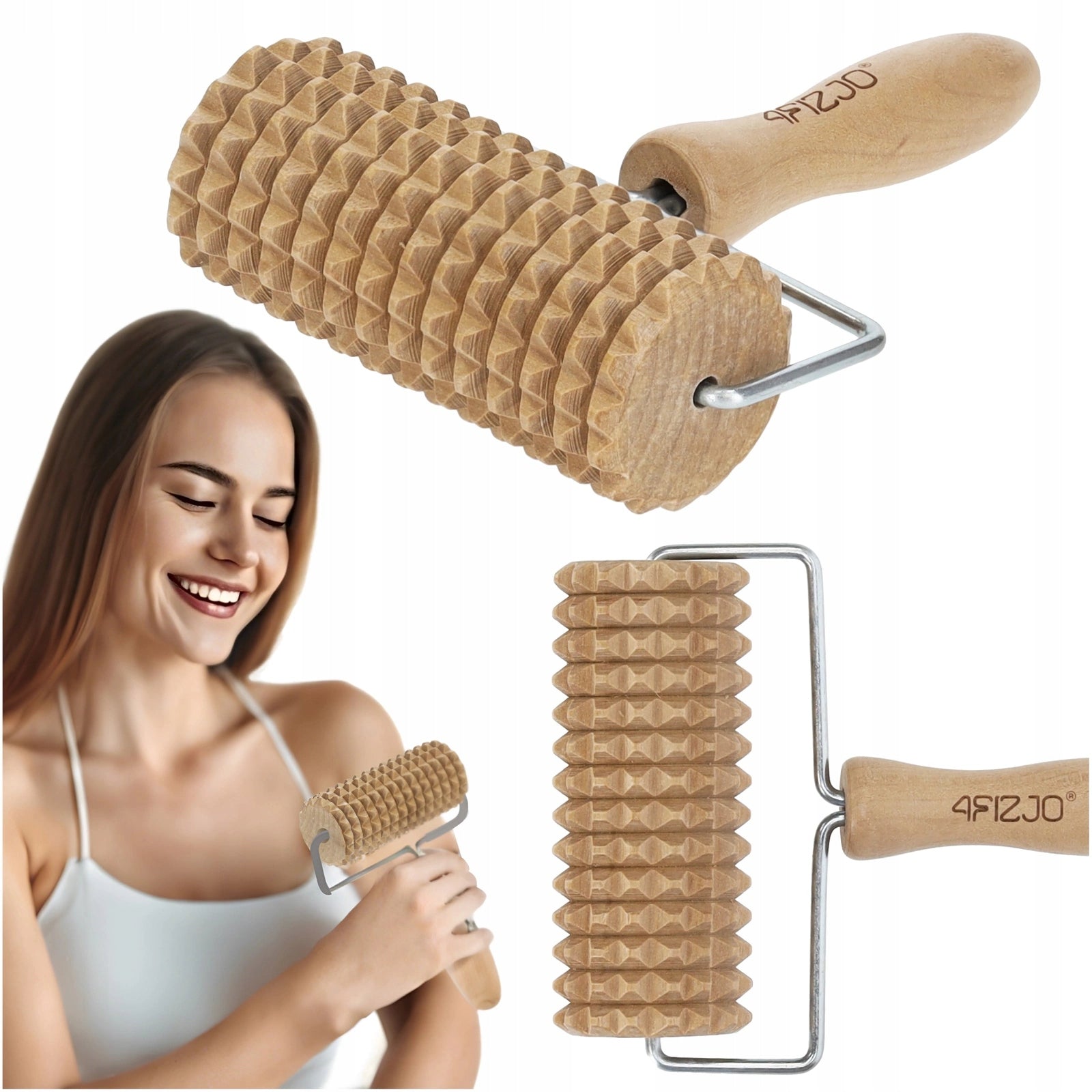 ROLLER WOODEN MASSAGER WITH BODY HANDLE ANTI-CELLULITE MASSAGE