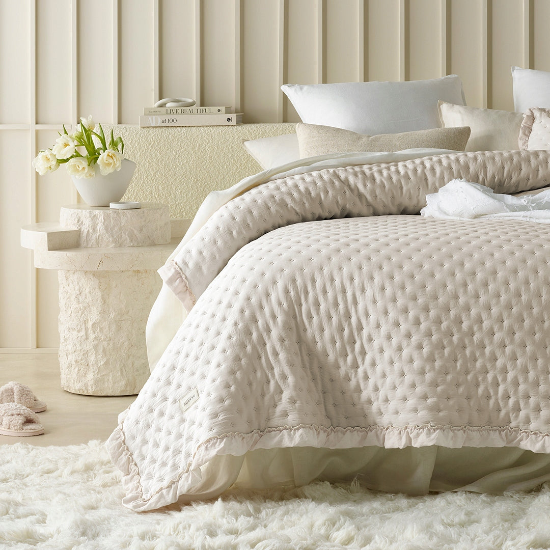 ROOM99 Bedspread 170x210 cream with frill for sofa QUILTED Molly Packaging status original