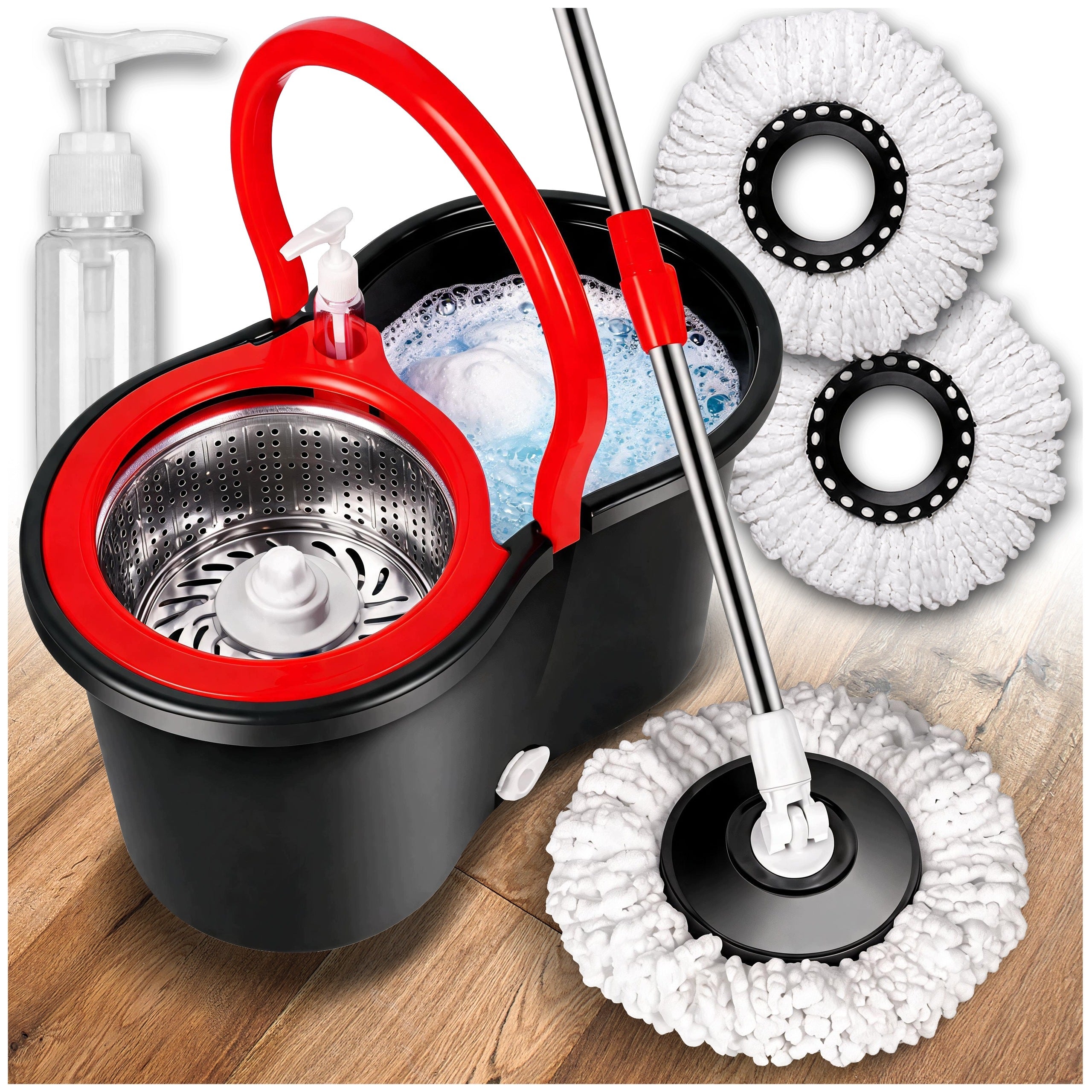 ROTARY FLOOR MOP WITH TWO-CHAMBER BUCKET CARTRIDGES+FREEBIE SPONGES