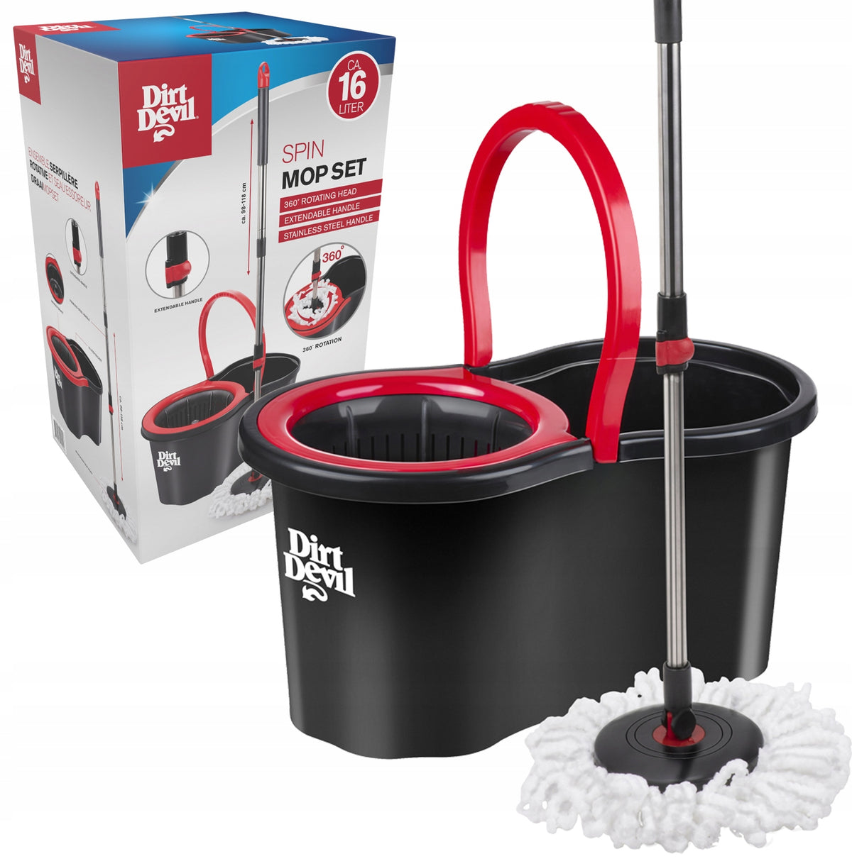 ROTARY MOP DIRT DEVIL BUCKET SET 16L WRINGER 360 TELESCOPIC POLE