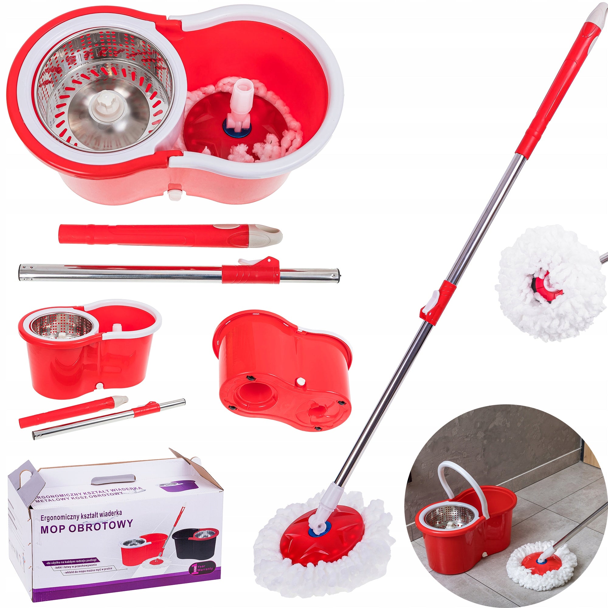 ROTARY MOP SPINNING 360 DRIVE IN HANDLE BUCKET + 2 CARTRIDGES RED