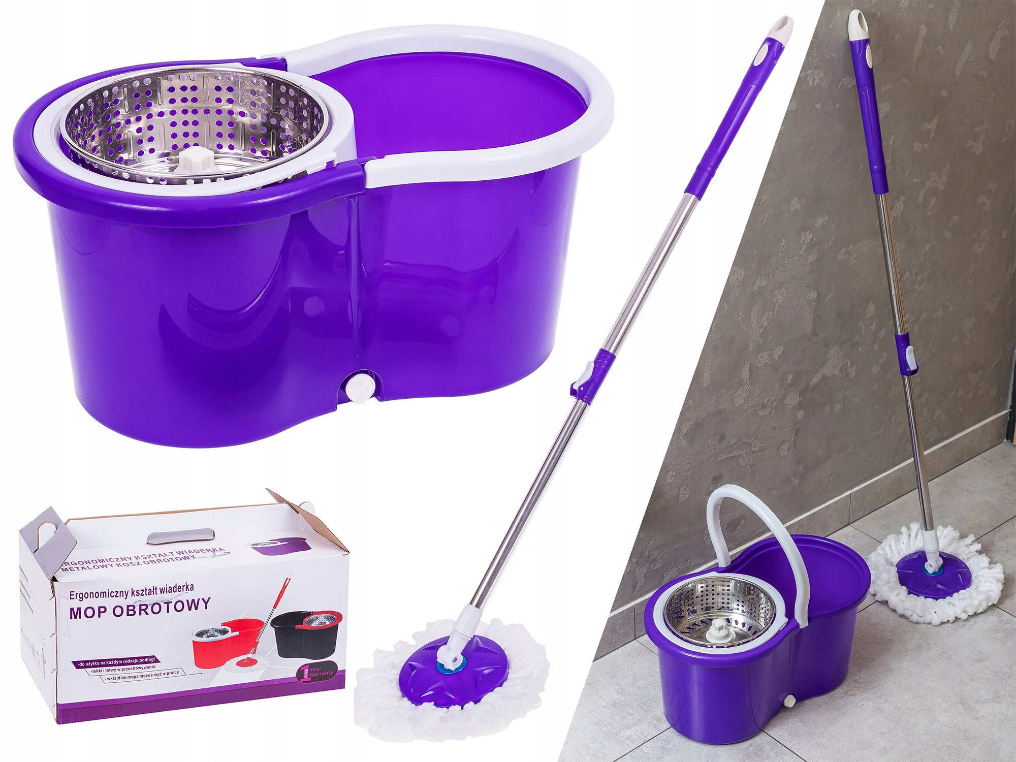 ROTARY MOP SPINNING 360 DRIVE IN HANDLE BUCKET + 2 CARTRIDGES