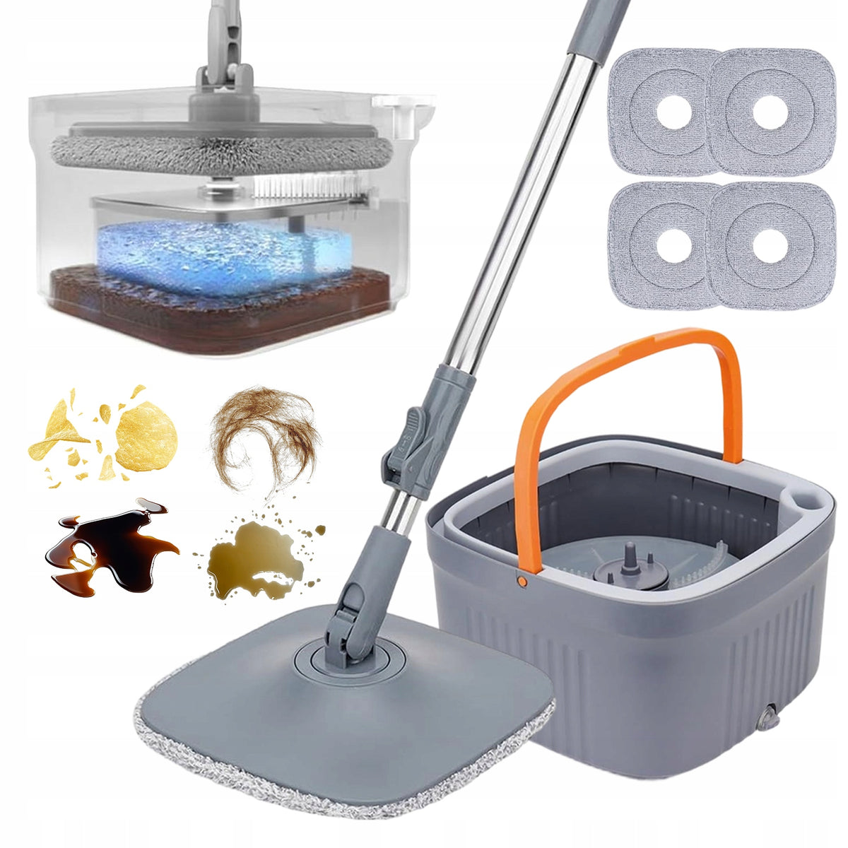ROTARY MOP TANKS CLEAN DIRTY WATER MOP BUCKET SET + 4 PADS