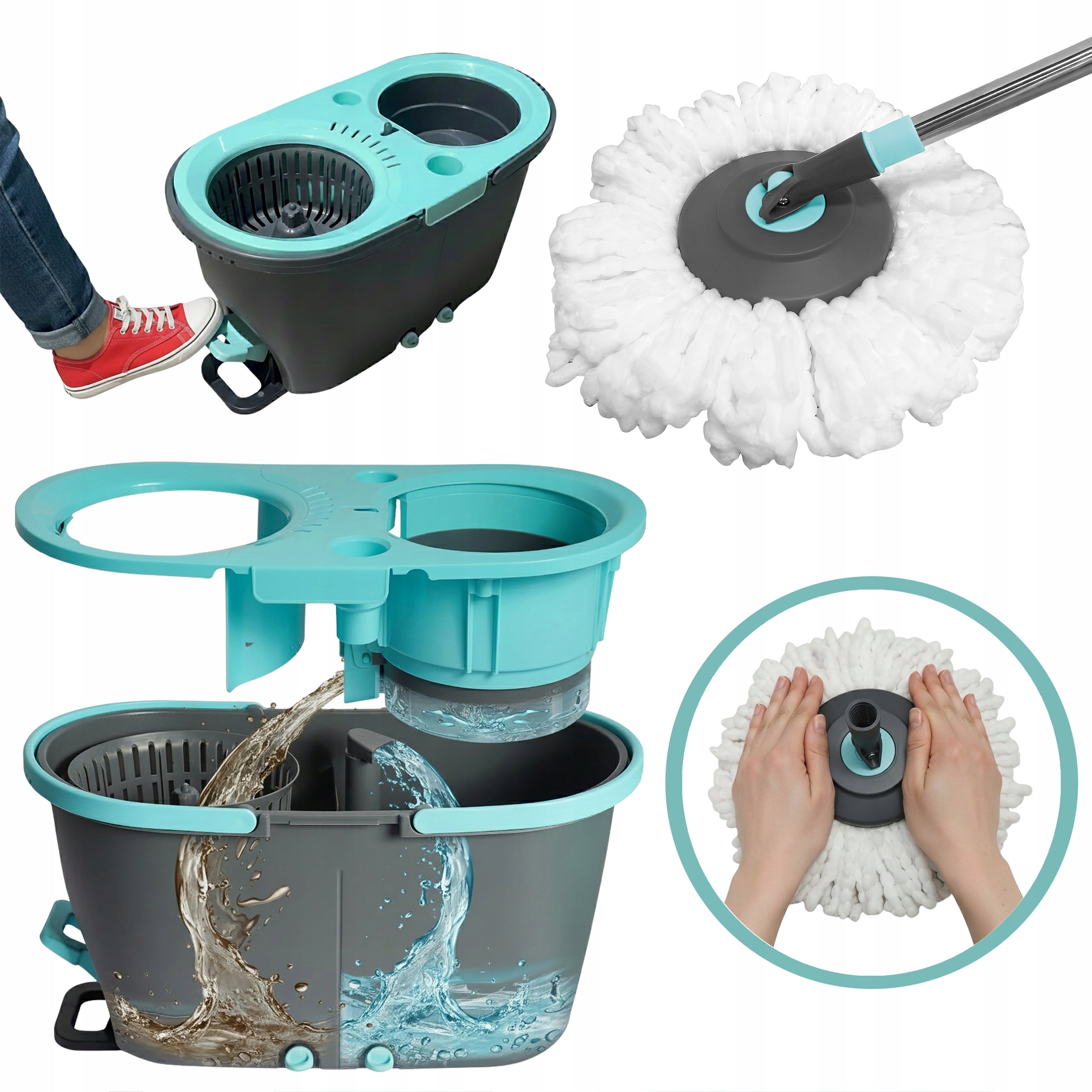 ROTARY MOP TWO-CHAMBER BUCKET WITH DRAIN TELESCOPIC POLE 2 CARTRIDGES
