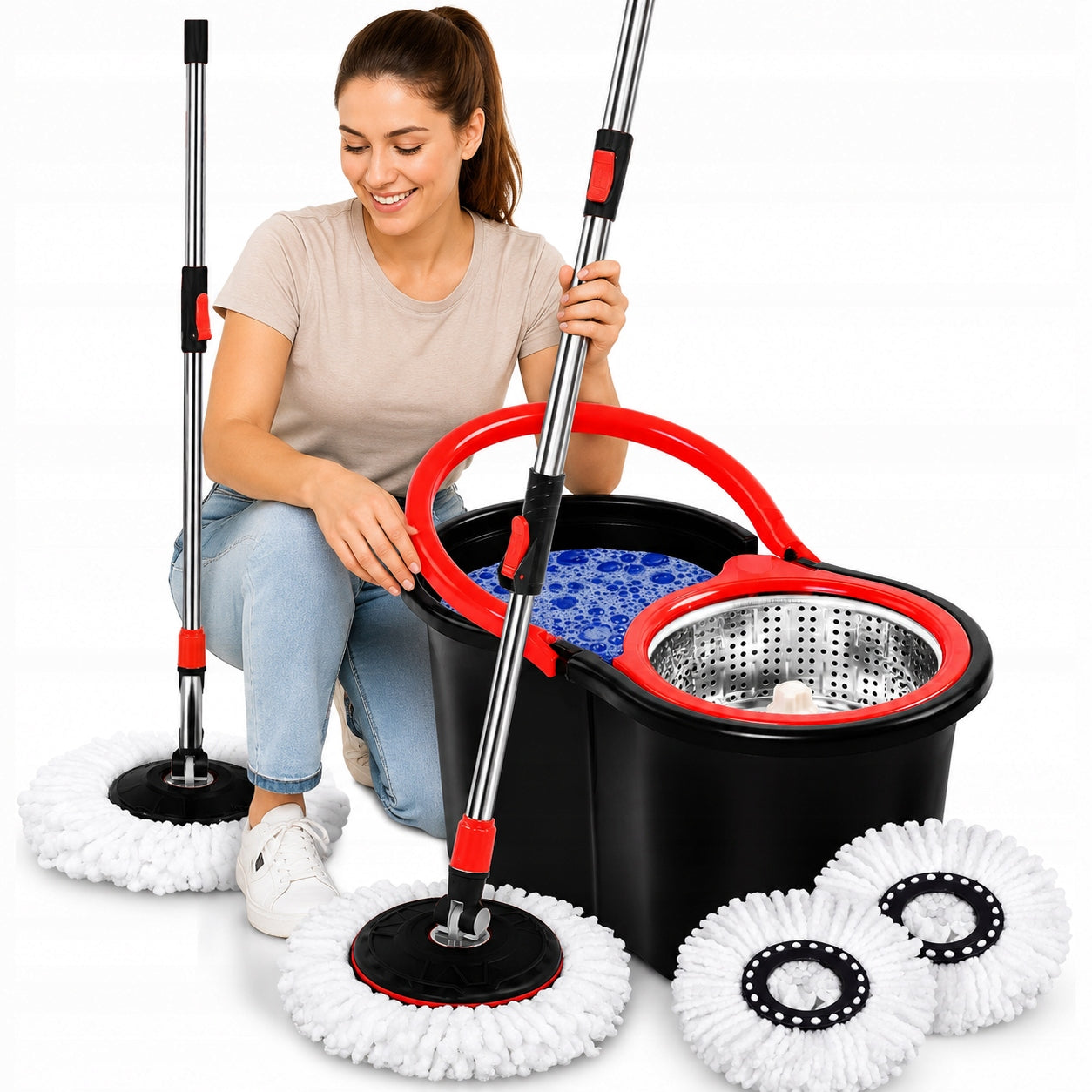 ROTARY MOP WITH BUCKET WITH WRINGER TELESCOPIC POLE WITH ADJUSTABLE 3 OVERLAYS