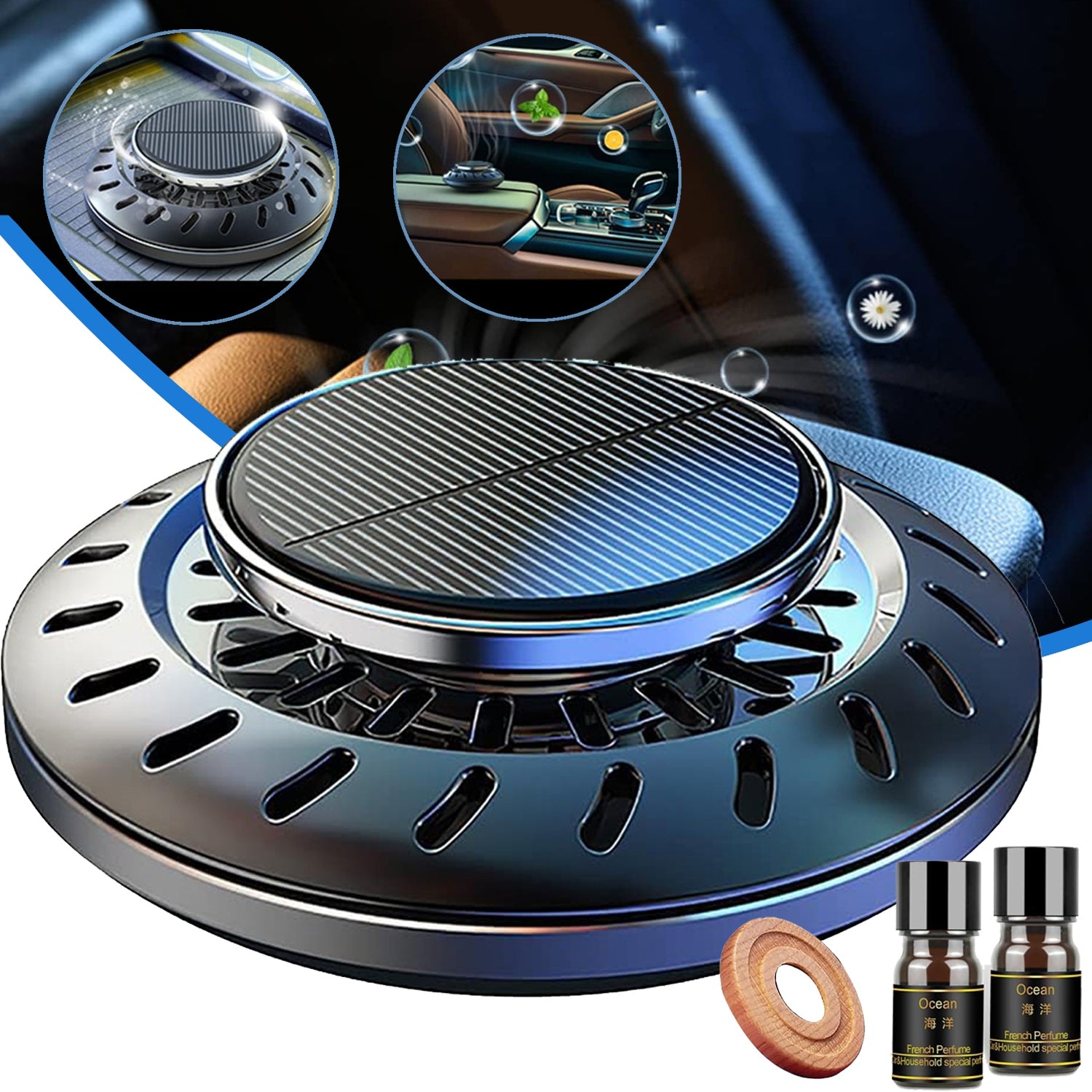 ROTATING AIR FRESHENER, CAR PERFUME, SOLAR, BLACK