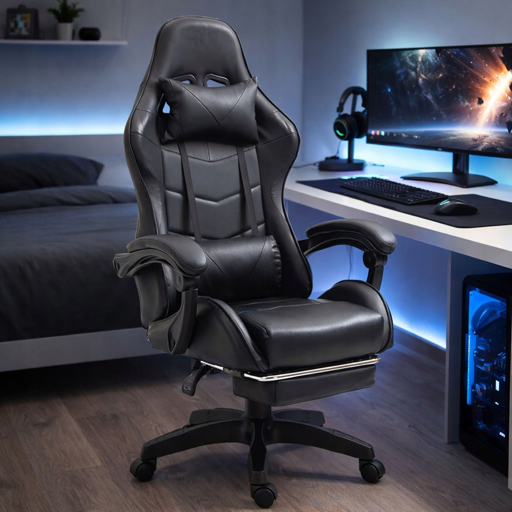ROTATING GAMING OFFICE CHAIR WITH CUSHION FOOTREST BLACK Packaging status original