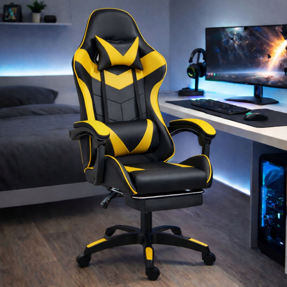 ROTATING GAMING OFFICE CHAIR WITH CUSHION FOOTREST BLACK-YELLOW Packaging status original