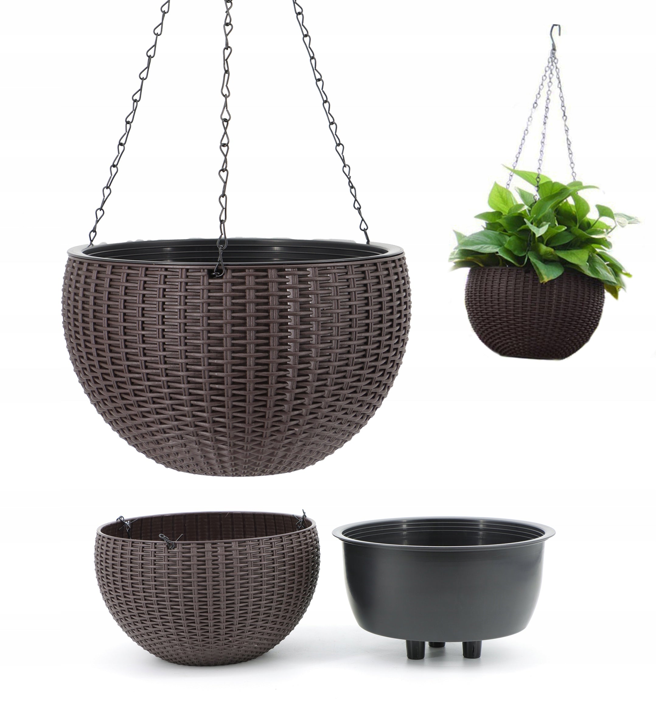 ROUND FLOWER POT HANGING BROWN IMITATING RATTAN 26x16cm DECORATIVE + CARTRIDGE