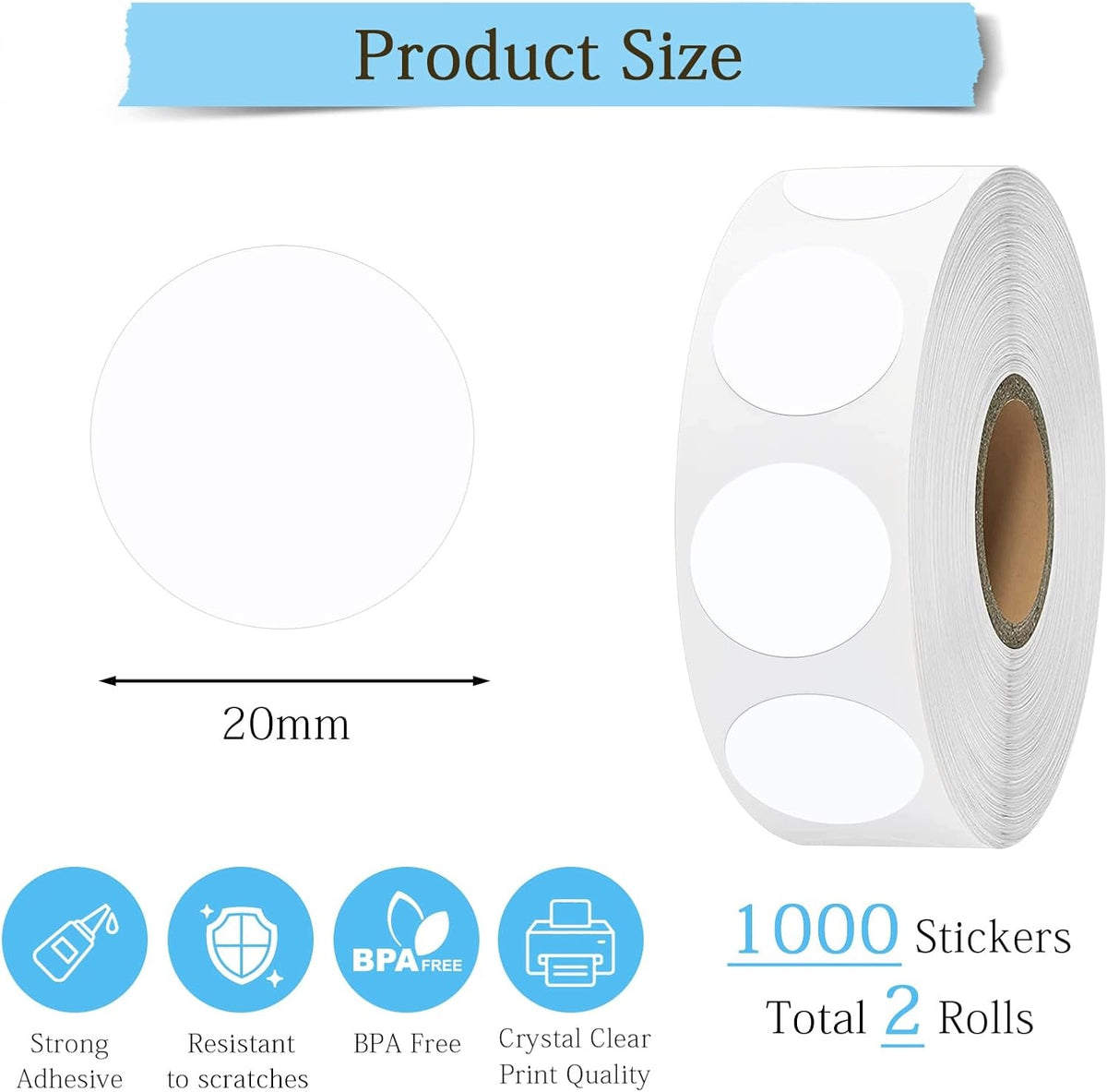 ROUND STICKERS DOTS 20MM WHITE 2000 PCS SELF-ADHESIVE Label length 20 mm