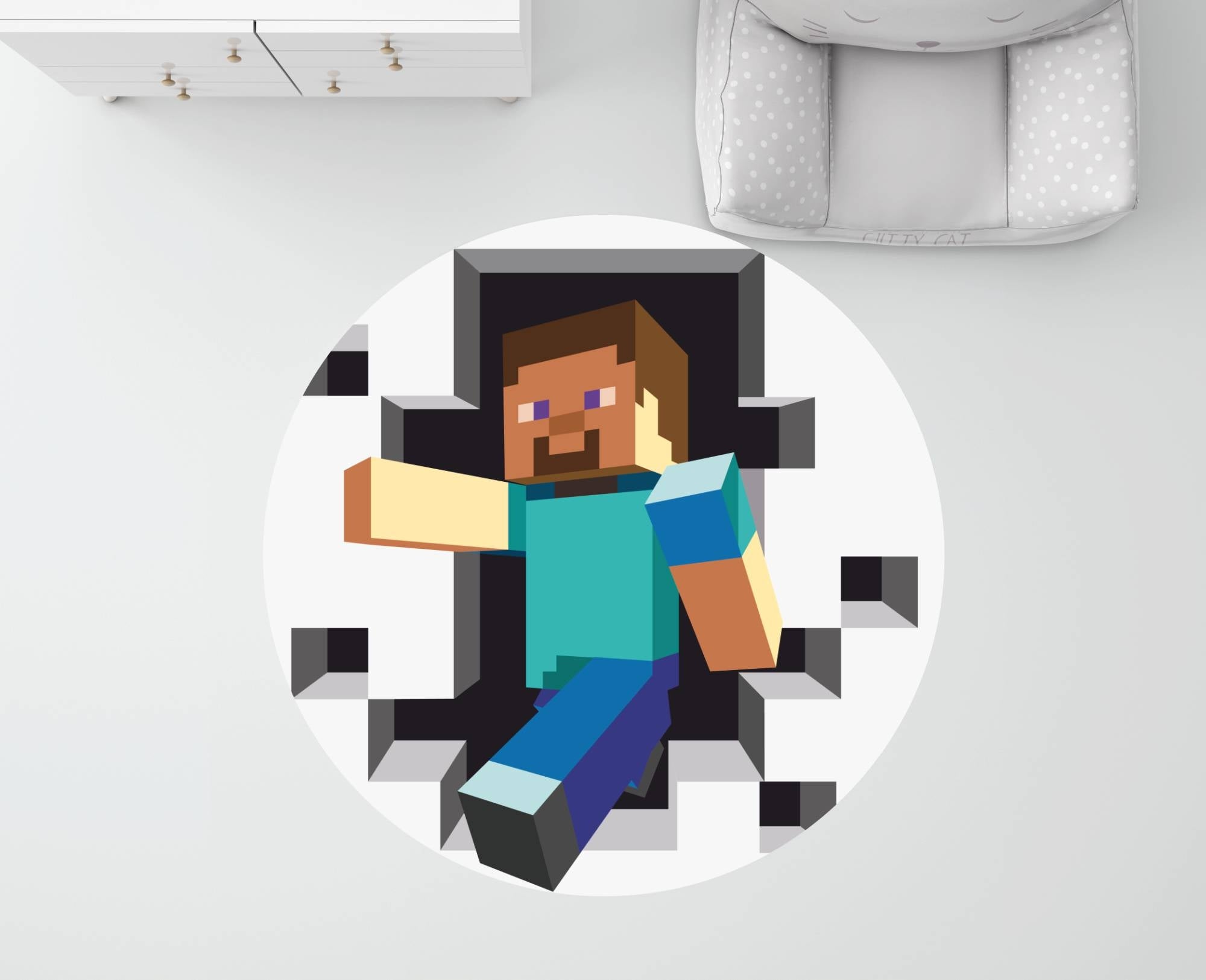 ROUND VINYL RUG 120cm for children PROTECTIVE MAT Steve Minecraft Brand matoMAT