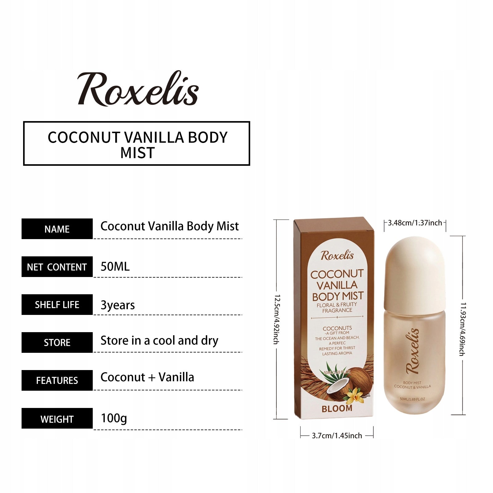 ROXELIS Coconut Vanilla Body Mist perfumy damskie 50ml spray dla kobiet Packaging volume 50 ml