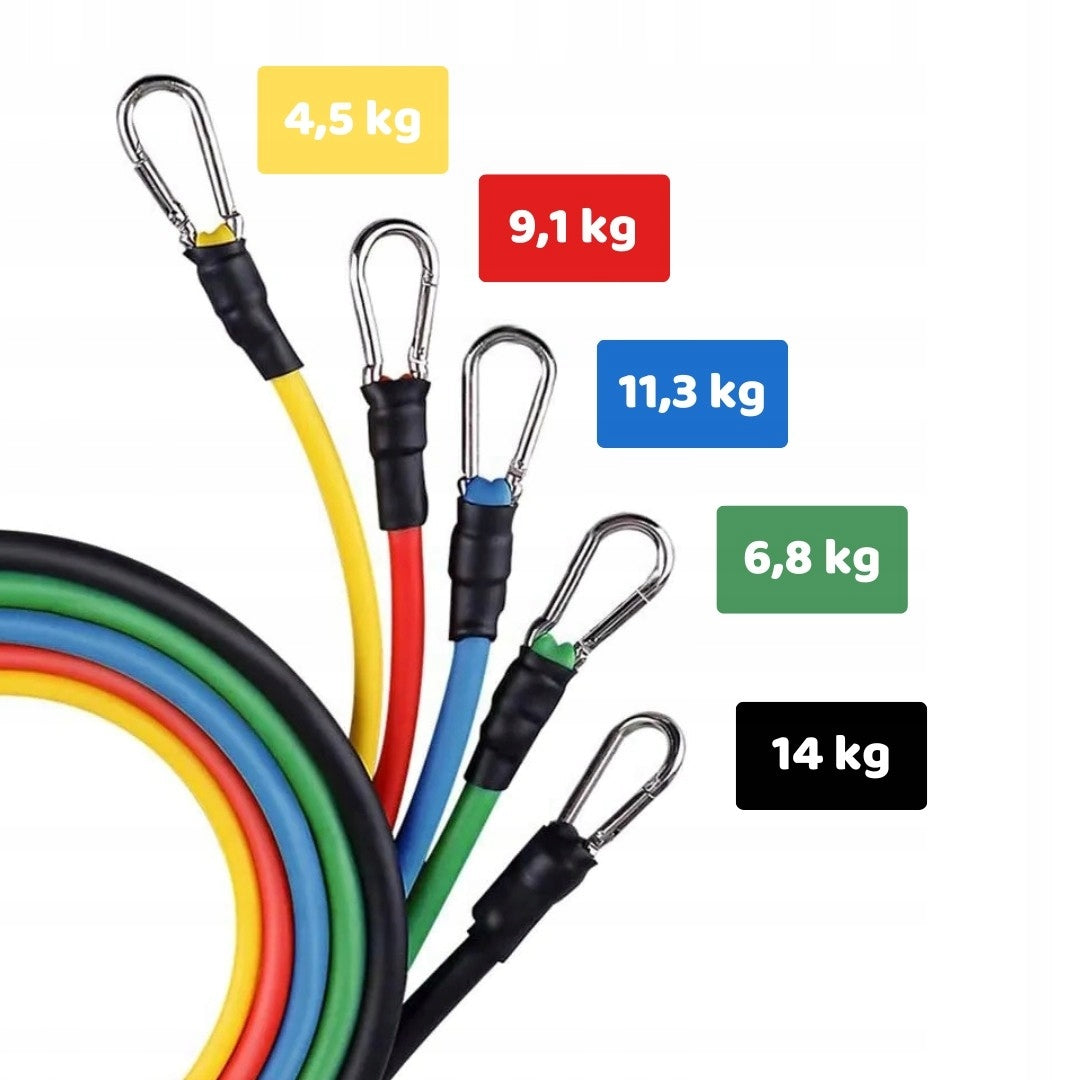 RUBBER EXERCISE EXPANDERS - SET OF 5 RESISTANCE RUBBERS + BAG + HANDLES Manufacturer code 9874