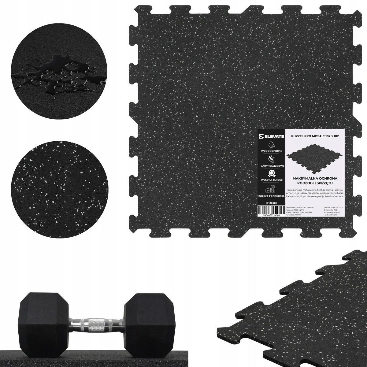RUBBER MAT EXERCISES FOR GYM EQUIPMENT PUZZLE 102x102cm PRO 20mm EPDM