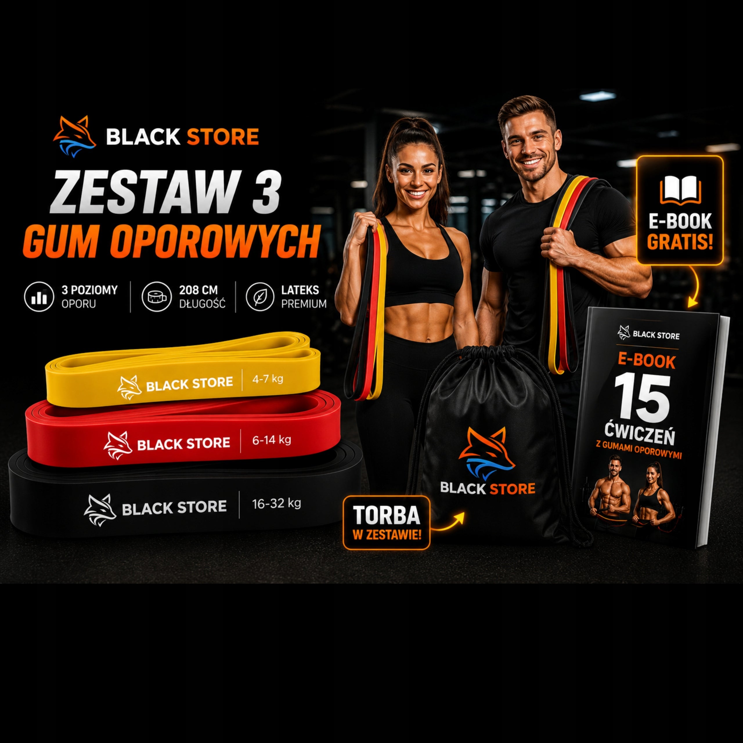 RUBBER RESISTANCE EXERCISE BANDS SET OF 3 PIECES + BAG + EBOOK WITH EXERCISES Packaging status original