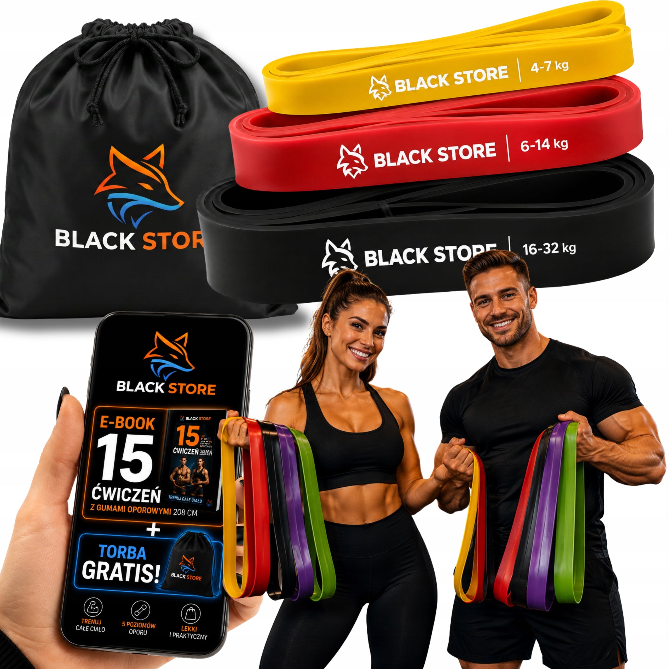 RUBBER RESISTANCE EXERCISE BANDS SET OF 3 PIECES + BAG + EBOOK WITH EXERCISES
