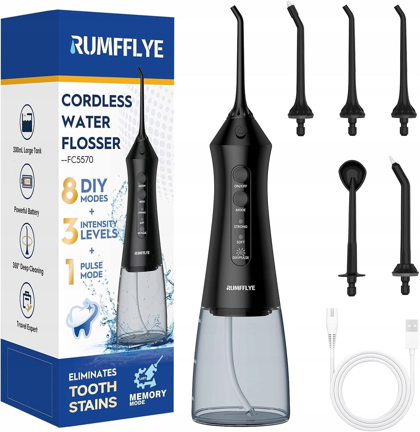 RUMFFLYE Wireless Electric Oral Irrigator, 5 Nozzles, 300 ml