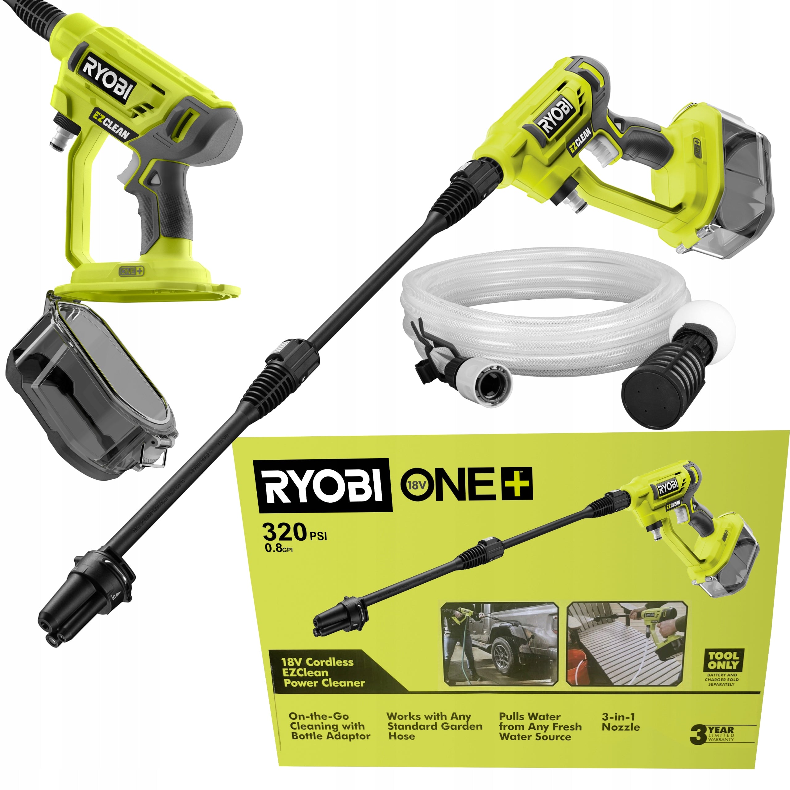 RYOBI CORDLESS PRESSURE WASHER GUN RY18PW22A 22BAR LANCE HOSE 6m