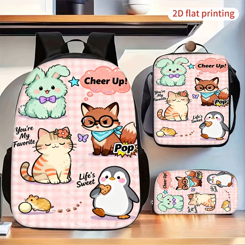 Rabbit Fox Cat Penguin Print 3-Piece Backpack Set - Animal Pattern