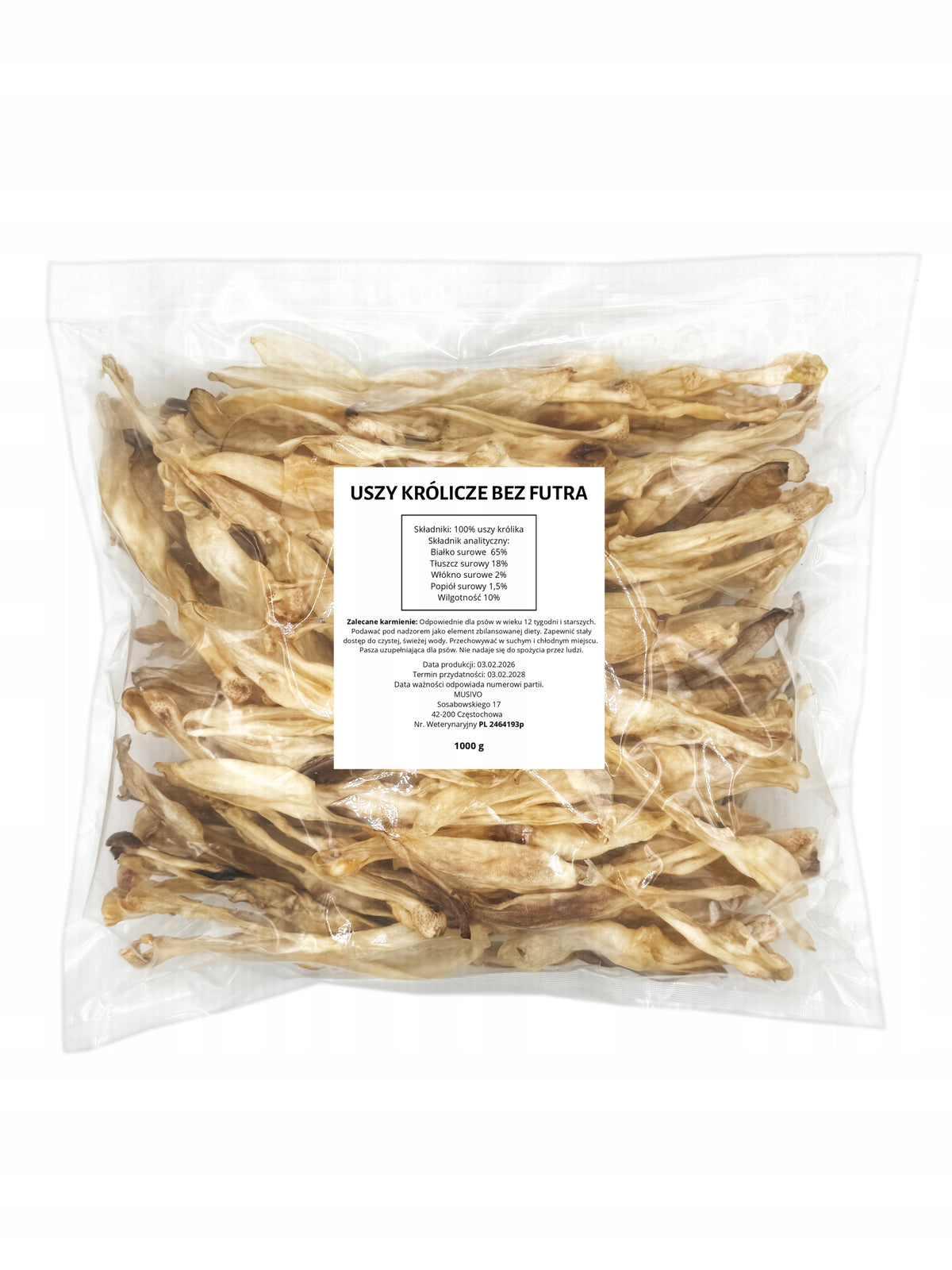 Rabbit ears without fur 1kg - 100% Natural Dog Teether Packaging status original
