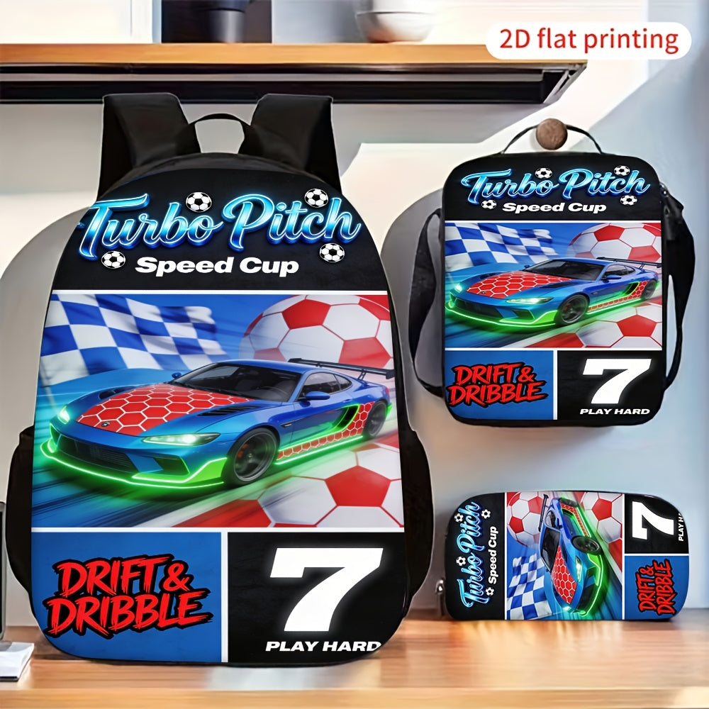 Racing Car Football Graphic 3pc Backpack Set with Crossbody Bag and Storage Pouch