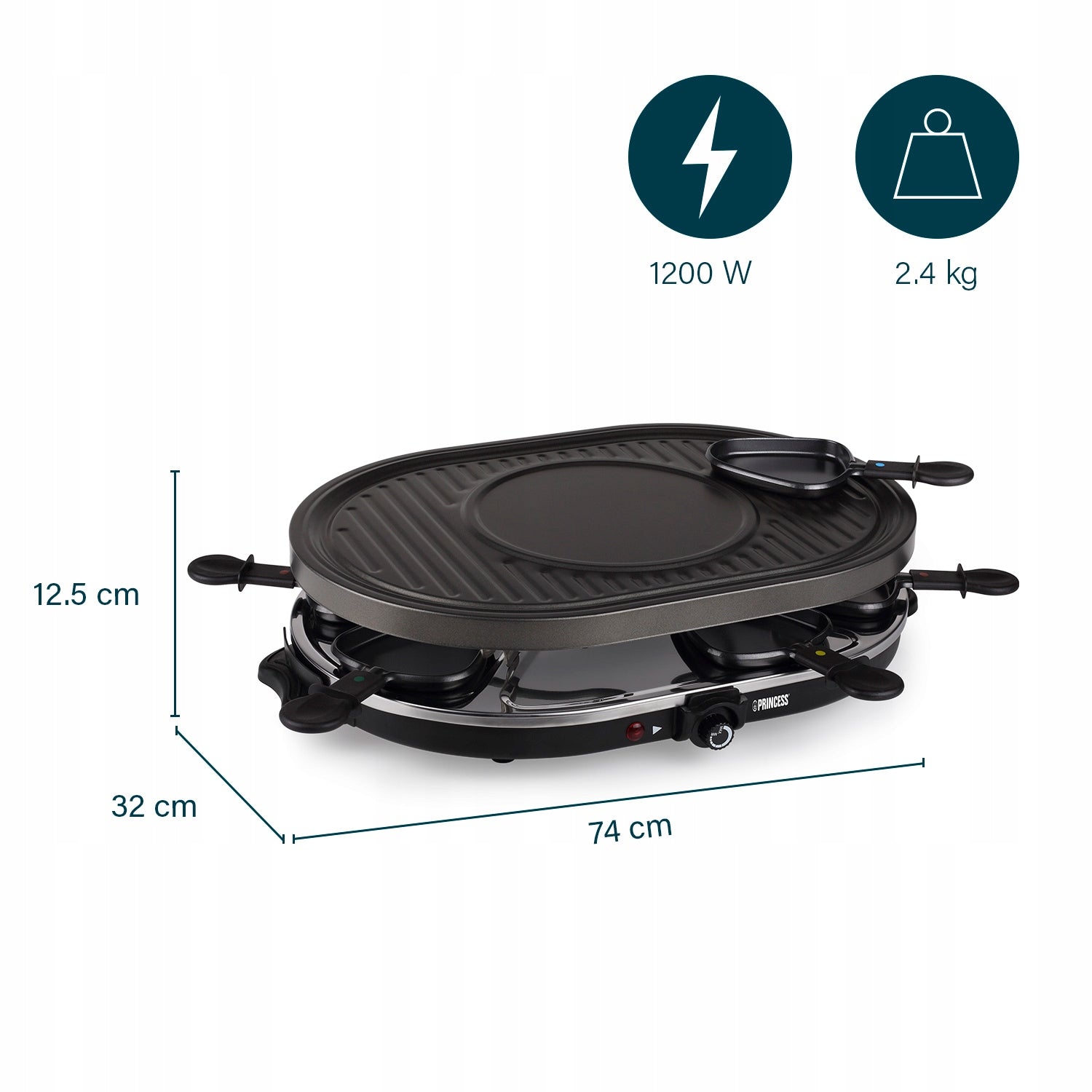 Raclette Grill Princess 162700 – 3-in-1 Oval, 8 Pans, Crêpe Zone, Non-Stick Model 162700