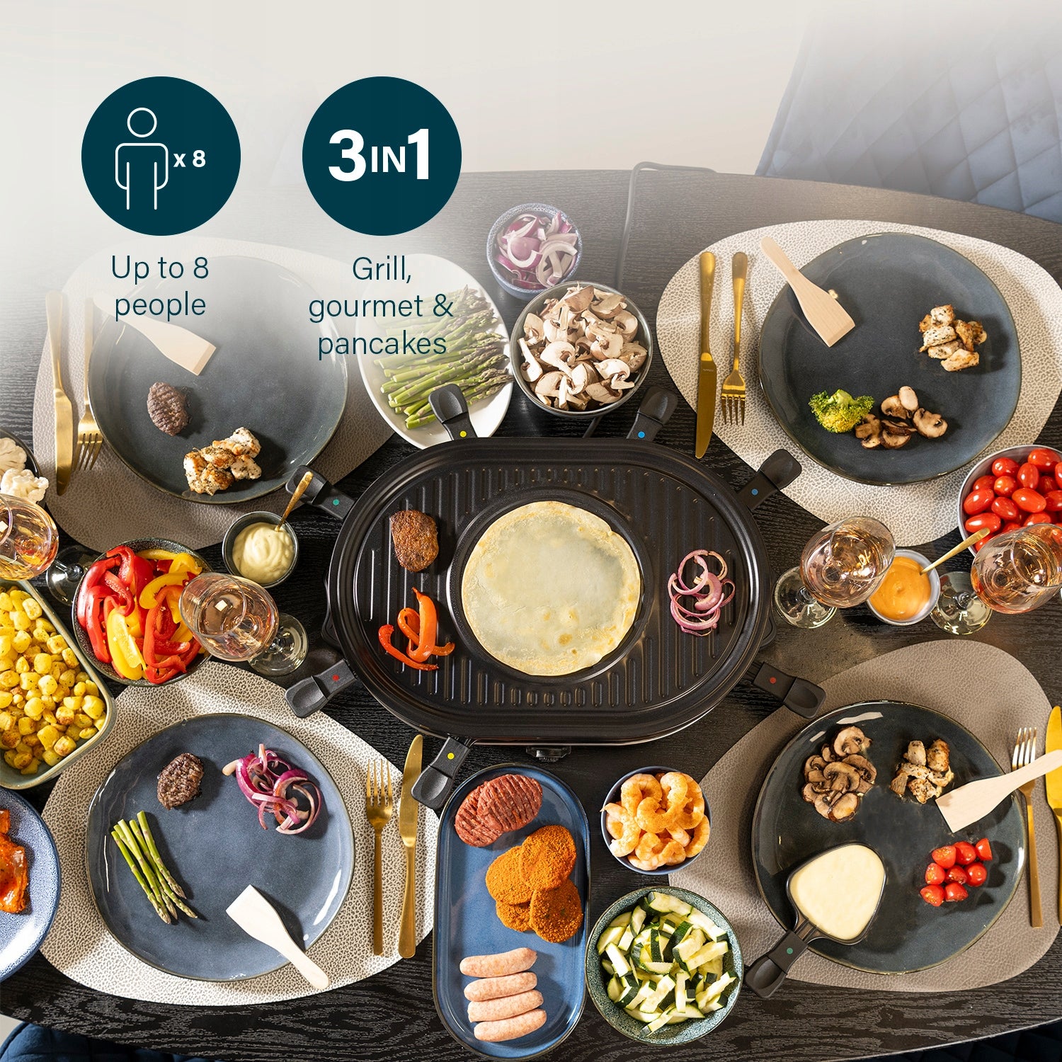 Raclette Grill Princess 162700 – 3-in-1 Oval, 8 Pans, Crêpe Zone, Non-Stick Temperature control yes