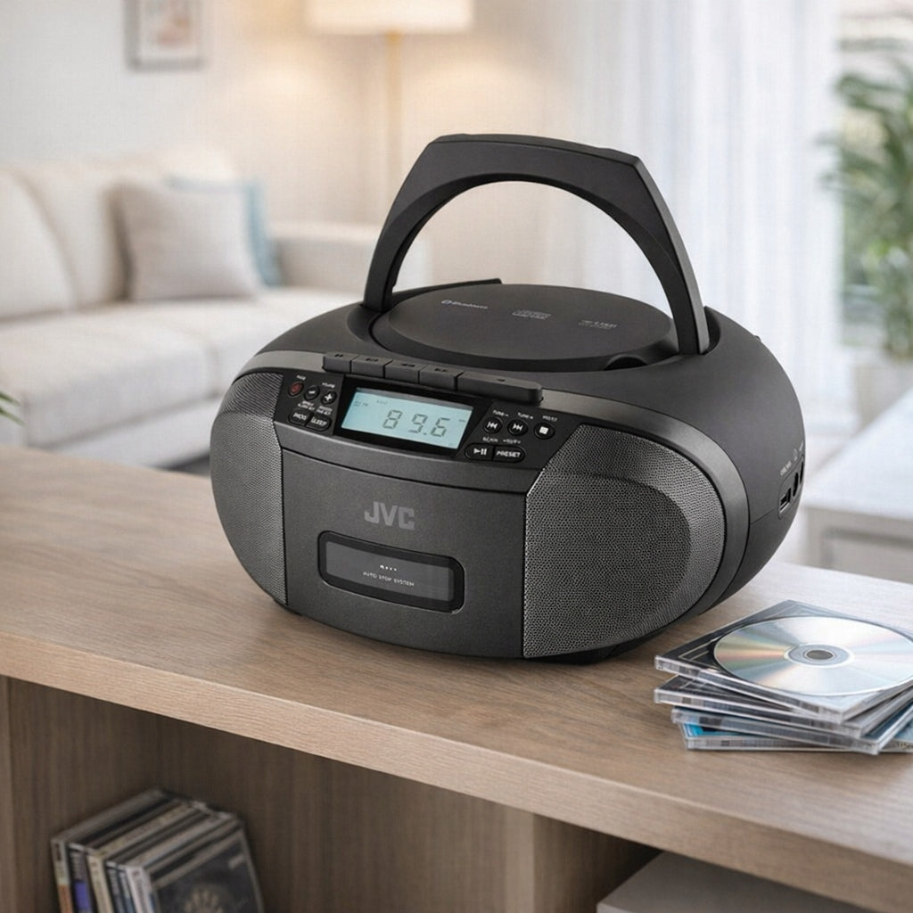 Radio player JVC boombox CD + USB CASSETTE MP3 BT AUX radio display. LCD Manufacturer code RC-E444B