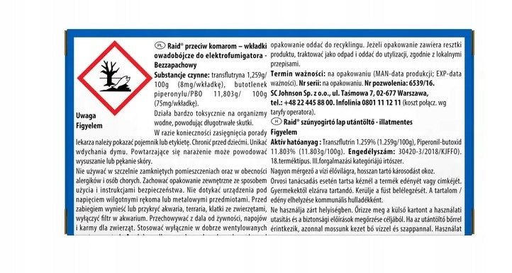 Raid against mosquitoes - insecticide inserts for contact device 30 pcs Brand Raid